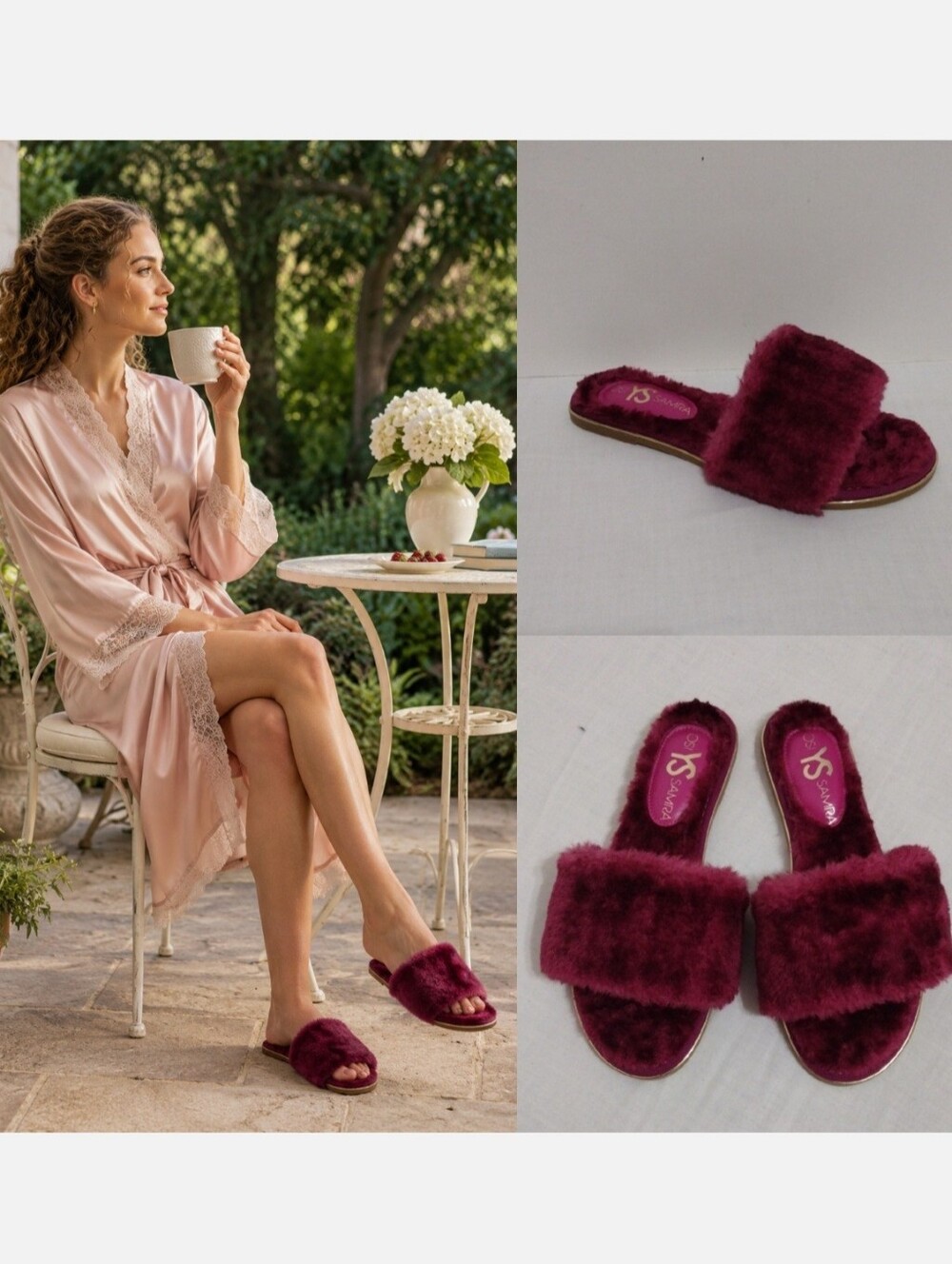 NEW Yosi Samra Nora Burgundy Faux Fur Slide Slippers US 6 Cozy Luxe Spa Lounge